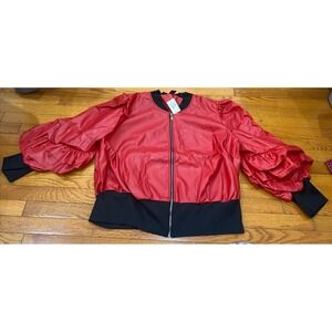 Ashley Stewart Women's Faux Leather Bomber Jacket 22 Plus Red Black Trim Ruffles